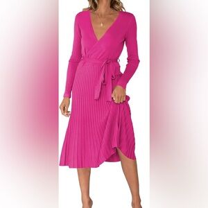 Zesica Women's Long Sleeve Ribbed V Neck Wrap Knit Pleated Maxi Dress